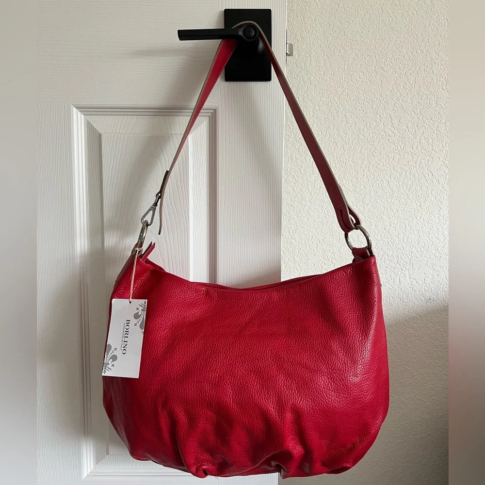 NWT Borlino Red 100% genuine cowhide Leather Hobo Bag-never used